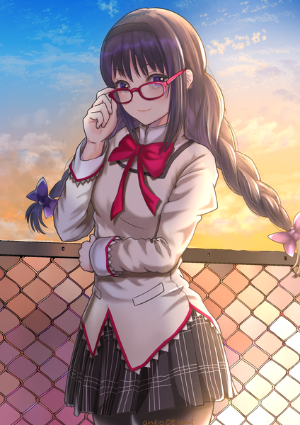 Anime picture 2894x4093 with mahou shoujo madoka magica shaft (studio) akemi homura yami anko single long hair tall image looking at viewer blush fringe highres black hair smile standing purple eyes signed payot sky cloud (clouds) outdoors
