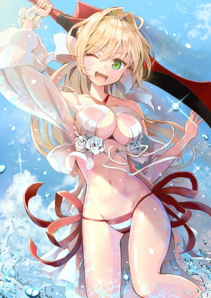 Anime picture 1032x1457 with fate (series) fate/grand order nero claudius (fate) (all) nero claudius (swimsuit caster) (fate) hoshizaki reita single long hair tall image looking at viewer blush fringe breasts open mouth light erotic blonde hair hair between eyes standing holding green eyes sky