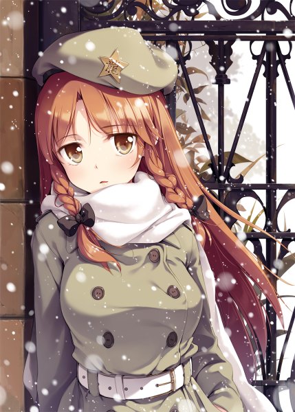 Anime picture 858x1200 with touhou hong meiling ke-ta single long hair tall image looking at viewer brown hair brown eyes braid (braids) twin braids snowing winter snow double buttons girl bow hair bow scarf star (symbol)