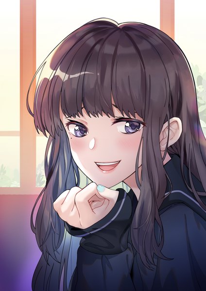 Anime picture 2480x3508 with original tsubasa19900920 single long hair tall image looking at viewer blush fringe highres open mouth blue eyes black hair smile payot upper body blunt bangs nail polish :d fingernails mole
