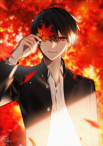 Anime picture 778x1100 with original umeno shii single tall image looking at viewer fringe short hair black hair smile hair between eyes red eyes upper body outdoors autumn covering eye (eyes) boy uniform school uniform leaf (leaves) autumn leaves