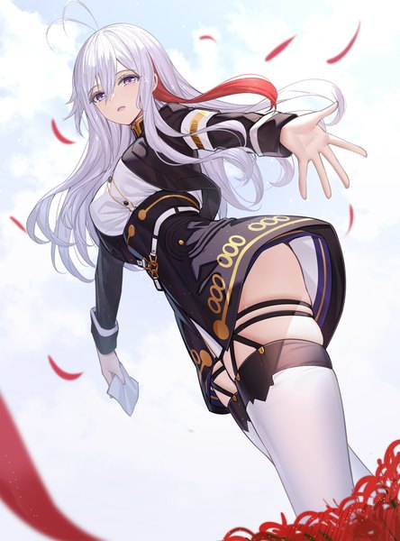 Anime picture 900x1215 with 86 -eightysix- vladilena millize ririko (zhuoyandesailaer) single long hair tall image fringe light erotic hair between eyes silver hair ahoge multicolored hair from below streaked hair skindentation silver eyes girl thighhighs petals white thighhighs
