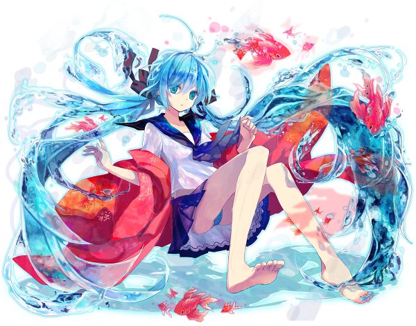 Anime picture 1200x940 with vocaloid hatsune miku bottle miku t miyanagi single long hair blue eyes light erotic twintails blue hair barefoot legs pantyshot sitting liquid hair girl skirt underwear panties miniskirt serafuku