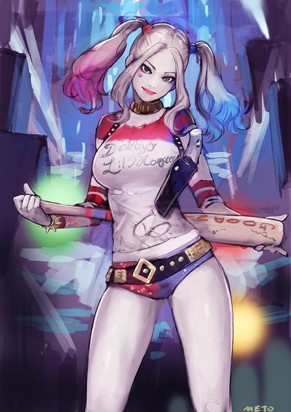 Anime picture 600x849 with batman suicide squad dc comics harley queen meto31 single long hair tall image looking at viewer light erotic blonde hair standing holding brown eyes signed blue hair pink hair multicolored hair inscription lipstick