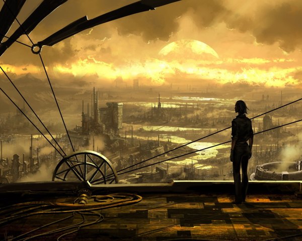 Anime picture 1280x1024 with tagme (artist) cloud (clouds) city evening sunset cityscape river smog planet
