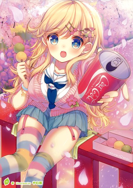 Anime picture 2539x3600 with coca-cola girls, girls, girls! 10 (artbook) yamucha single long hair tall image looking at viewer blush highres open mouth blue eyes blonde hair sitting scan official art cherry blossoms girl thighhighs skirt uniform