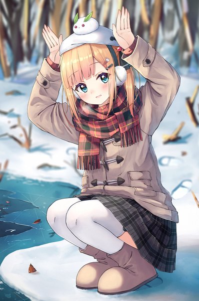 Anime picture 1385x2087 with original hoshino sora (n2) n2 (yf33) single long hair tall image looking at viewer blush blue eyes blonde hair twintails full body outdoors arms up winter snow squat exhalation bunny pose girl