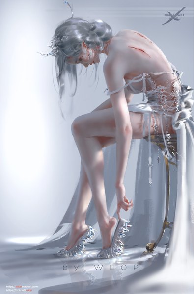 Anime picture 1313x1992 with ghost blade yan (ghost blade) wlop single tall image fringe short hair breasts blue eyes light erotic sitting bare shoulders signed full body bent knee (knees) profile pointy ears grey hair realistic mole