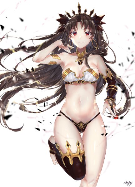 Anime picture 1800x2500 with fate (series) fate/grand order ishtar (fate) hitomin (ksws7544) single long hair tall image looking at viewer blush highres breasts light erotic black hair simple background red eyes standing white background bare shoulders holding signed