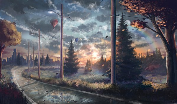 Anime picture 1024x600 with original sylar113 wide image sky cloud (clouds) outdoors city rain no people landscape plant (plants) tree (trees) leaf (leaves) sun autumn leaves aircraft power lines road rainbow puddle
