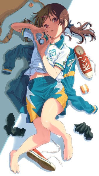 Anime picture 678x1200 with original converse aoi sora (pairan) pairan single long hair tall image brown hair twintails brown eyes lying parted lips barefoot heart hands girl navel uniform hair ornament socks shoes