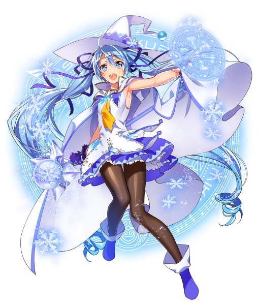 Anime picture 1020x1200 with vocaloid suki! yuki! maji magic (vocaloid) hatsune miku yuki miku yuki miku (2014) murakami yuichi single tall image looking at viewer blush open mouth twintails very long hair aqua eyes aqua hair magic snowing girl dress gloves