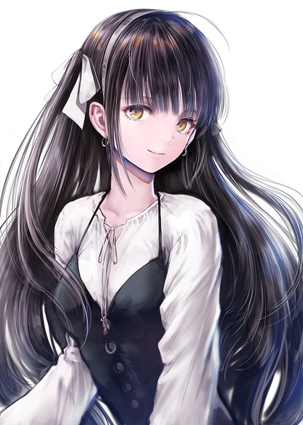 Anime picture 715x1000 with original iori (cpeilad) single long hair tall image looking at viewer fringe black hair simple background smile white background yellow eyes upper body ahoge long sleeves girl ribbon (ribbons) hair ribbon earrings headband