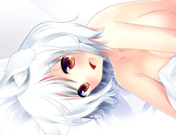 Anime picture 2000x1538 with touhou inubashiri momiji yuika (yurika712) single looking at viewer blush highres short hair breasts open mouth light erotic red eyes animal ears white hair girl