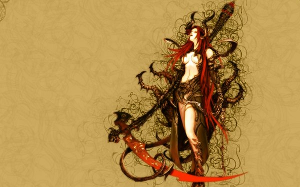 Anime picture 1280x800 with long hair simple background wide image red hair wallpaper underboob weapon armor scythe