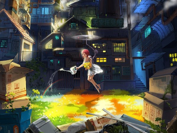 Anime picture 1200x900 with mugon red hair city girl flower (flowers) house rainbow garbage dump bailer