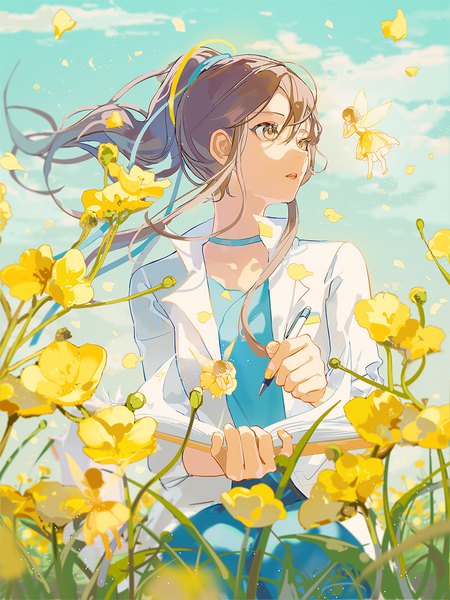 Anime picture 1000x1333 with original lirseven single long hair tall image brown hair brown eyes looking away sky cloud (clouds) outdoors ponytail turning head fantasy fairy girl flower (flowers) choker book (books) pen