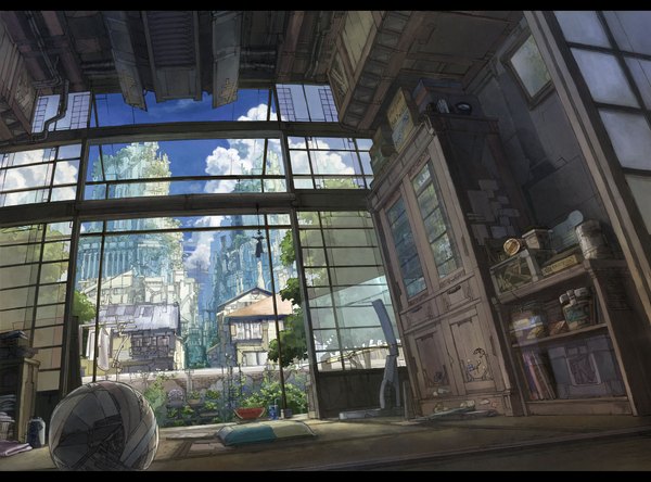 Anime picture 1920x1422 with original k kanehira highres sky cloud (clouds) cityscape detailed flower (flowers) plant (plants) tree (trees) food window fruit berry (berries) ball glass clothes room watermelon laundry
