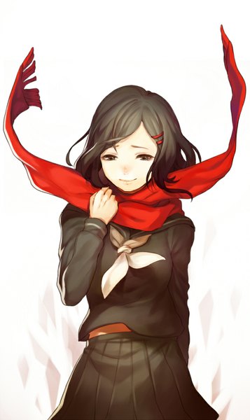 Anime picture 596x1000 with kagerou project shaft (studio) tateyama ayano ayano (kagerou project) naguri single tall image short hair black hair simple background smile white background wind black eyes looking down girl serafuku scarf