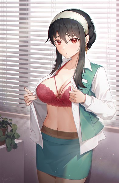 Anime-Bild 1500x2304 mit spy x family yor briar hayate (leaf98k) single long hair tall image looking at viewer blush fringe breasts open mouth light erotic black hair hair between eyes red eyes large breasts standing payot cleavage indoors