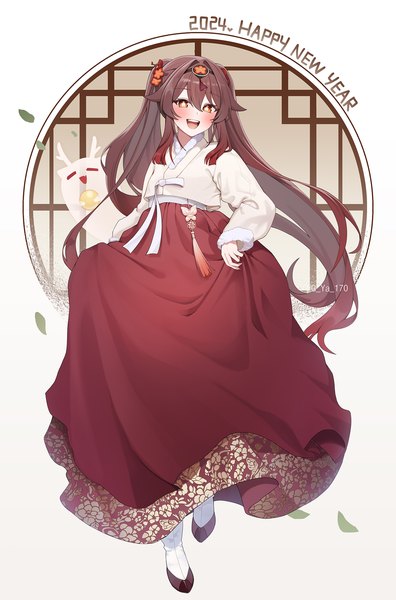 Anime picture 1500x2275 with genshin impact hu tao (genshin impact) boo tao (genshin impact) gya (144) single long hair tall image blush open mouth red eyes brown hair twintails full body traditional clothes :d symbol-shaped pupils new year ghost happy new year korean clothes