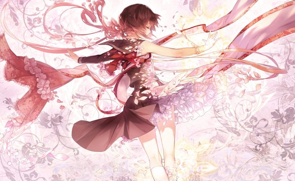 Anime picture 3401x2089 with original comin (artist) single fringe highres short hair brown hair wide image absurdres eyes closed pleated skirt from behind legs back weightlessness girl skirt uniform flower (flowers) ribbon (ribbons)