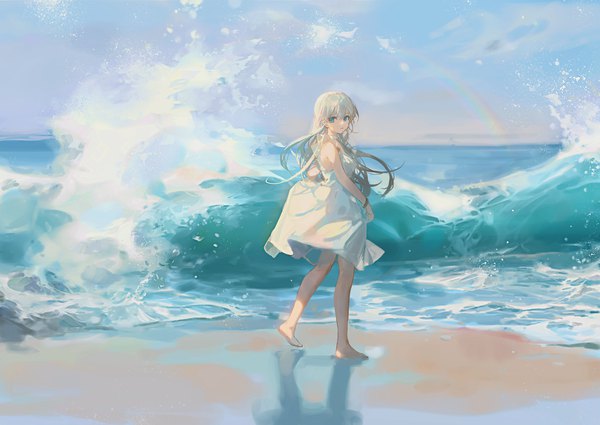 Anime picture 4096x2901 with original ciloranko single long hair looking at viewer fringe highres blue eyes hair between eyes bare shoulders absurdres sky silver hair full body outdoors parted lips barefoot bare legs sleeveless beach