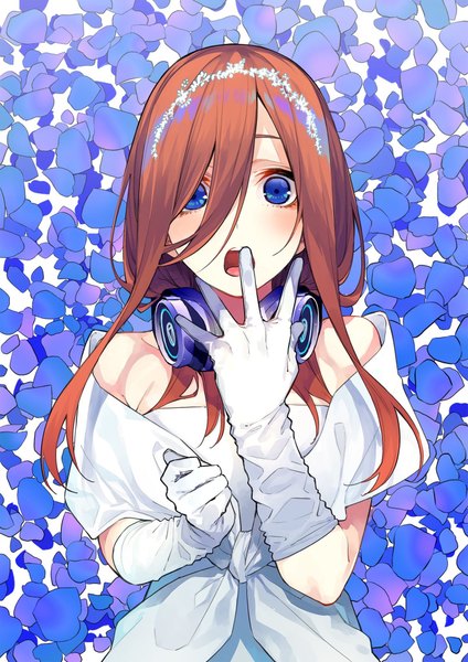 Anime picture 1446x2048 with go-toubun no hanayome nakano miku haruba negi single long hair tall image looking at viewer blush fringe open mouth blue eyes simple background hair between eyes brown hair standing bare shoulders upper body teeth :o hand to mouth
