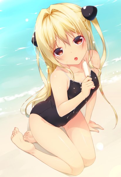 Anime picture 1100x1600 with toloveru toloveru darkness xebec konjiki no yami shokuyou mogura single long hair tall image looking at viewer blush open mouth light erotic blonde hair red eyes official art beach girl hair ornament swimsuit food
