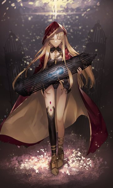 Anime picture 2894x4800 with fate (series) fate/grand order ereshkigal (fate) thkani single long hair tall image fringe highres light erotic blonde hair holding full body eyes closed light smile two side up glowing walking spine girl