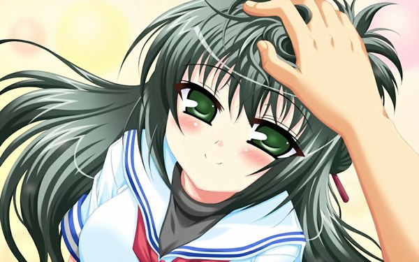Anime picture 1024x640 with doinaka channel 5 oowada sachi long hair blush black hair wide image green eyes game cg girl serafuku