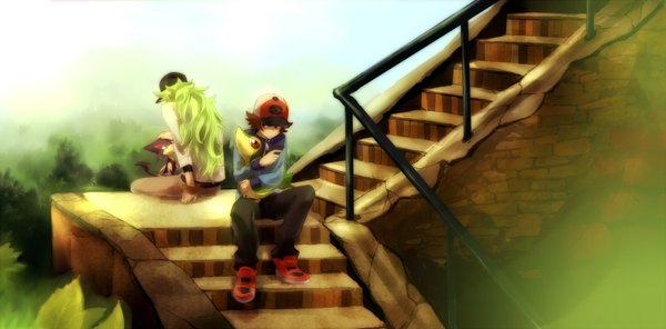 Anime picture 1500x740 with pokemon pokemon black and white nintendo n (pokemon) hilbert (pokemon) snivy purrloin long hair short hair brown hair wide image sitting green hair from behind hug gen 5 pokemon boy animal stairs flat cap