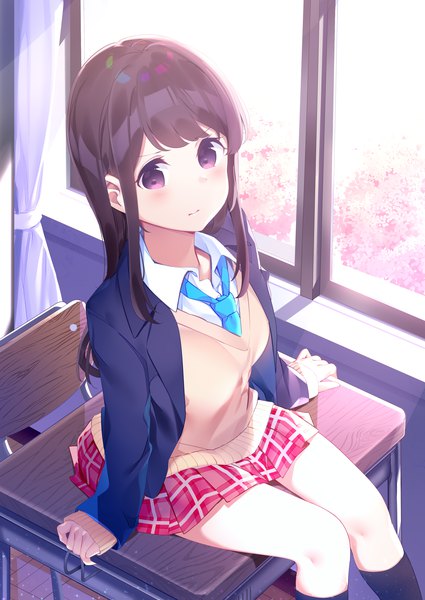 Anime picture 2508x3541 with original moe2019 chikuwa. single long hair tall image looking at viewer blush fringe highres breasts brown hair sitting purple eyes payot bent knee (knees) indoors long sleeves pleated skirt sunlight