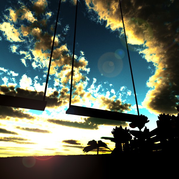 Anime picture 1200x1200 with original y-k sky cloud (clouds) from below evening light sunset no people landscape soft beauty plant (plants) tree (trees) fence swing