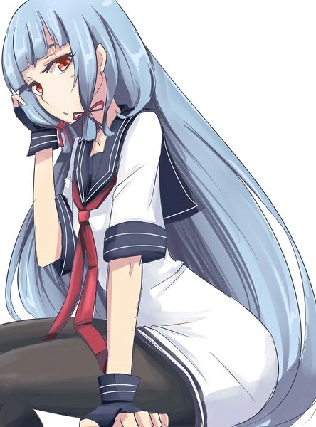 Anime picture 600x810 with kantai collection murakumo destroyer tokoi single tall image looking at viewer simple background white background sitting blue hair very long hair arm support :o midriff orange eyes embarrassed tress ribbon gloves uniform ribbon (ribbons)