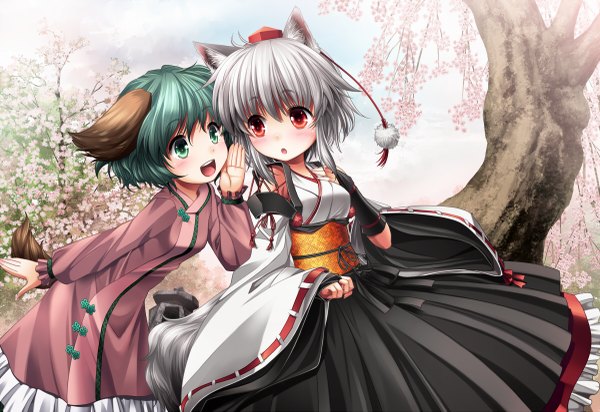 Anime picture 1200x825 with touhou inubashiri momiji kasodani kyouko kei kei blush short hair open mouth red eyes multiple girls green eyes animal ears animal tail green hair grey hair kourindou tengu costume girl dress gloves 2 girls plant (plants)