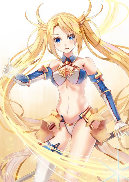 Anime picture 2480x3508 with fate (series) fate/grand order bradamante (fate/grand order) holmemee single tall image looking at viewer blush fringe highres breasts open mouth blue eyes light erotic blonde hair simple background standing twintails bare shoulders holding