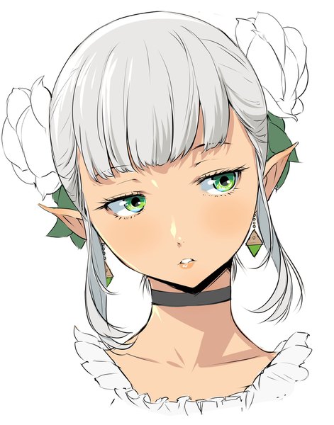 Anime picture 1287x1637 with isekai shokudou silver link victoria samanark enami katsumi single tall image blush fringe short hair simple background white background green eyes payot looking away blunt bangs parted lips head tilt hair flower pointy ears grey hair