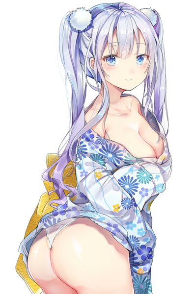 Anime picture 938x1432 with original takitou single long hair tall image blush fringe breasts blue eyes light erotic simple background large breasts white background twintails looking away cleavage purple hair ass traditional clothes japanese clothes