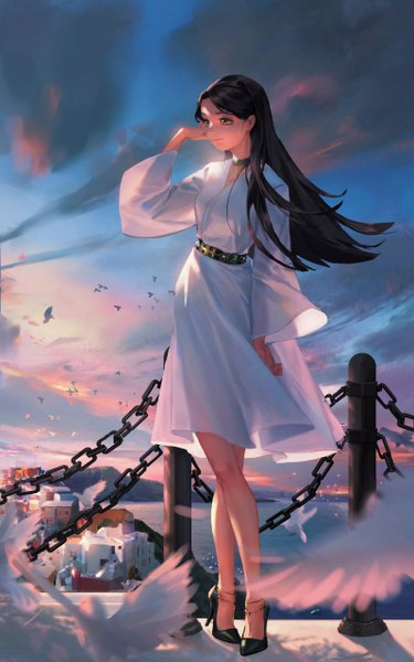 Anime picture 1600x2556 with original shi shihou single long hair tall image black hair standing brown eyes looking away sky cloud (clouds) outdoors light smile wind wide sleeves high heels city adjusting hair evening sunset