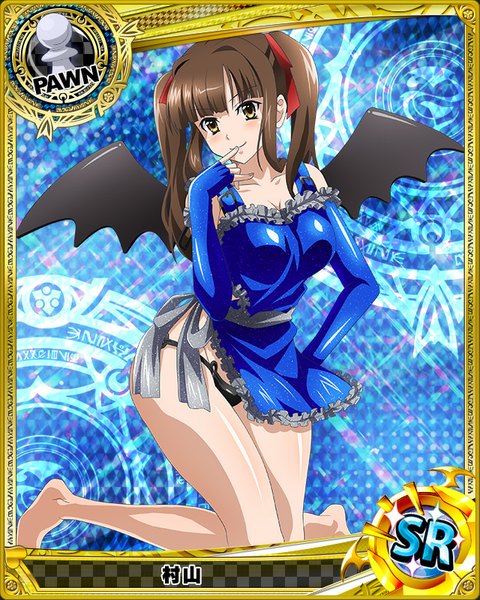 Anime picture 640x800 with highschool dxd murayama (high school dxd) single long hair tall image looking at viewer blush light erotic brown hair twintails yellow eyes finger to mouth card (medium) girl gloves underwear panties ribbon (ribbons) hair ribbon wings
