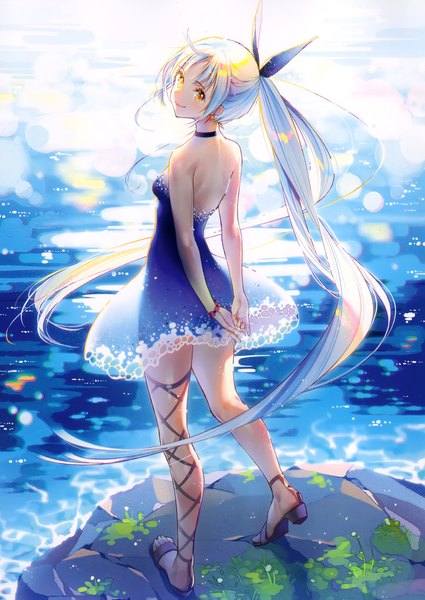 Anime picture 2425x3426 with original dsmile single long hair tall image looking at viewer blush fringe highres standing bare shoulders yellow eyes payot silver hair full body ahoge outdoors ponytail looking back from behind