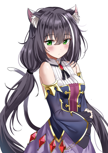 Anime picture 2894x4093 with princess connect! re:dive princess connect! karyl (princess connect!) maanu single tall image looking at viewer blush fringe highres breasts black hair simple background hair between eyes standing white background twintails bare shoulders green eyes animal ears