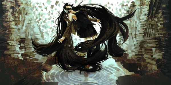 Anime picture 3000x1500 with vocaloid hatsune miku rose (pixiv 5163042) highres open mouth black hair wide image twintails bare shoulders eyes closed very long hair abstract girl thighhighs dress black thighhighs detached sleeves water headphones black dress