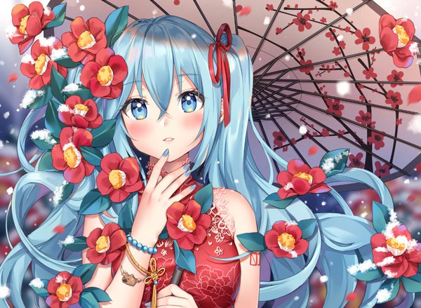 Anime picture 1101x807 with vocaloid hatsune miku douya (233) single long hair looking at viewer blush fringe hair between eyes twintails holding payot upper body outdoors nail polish parted lips aqua eyes fingernails blurry aqua hair