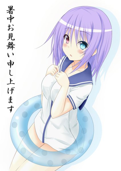Anime picture 1000x1414 with original saku (kudrove) tall image blush short hair simple background white background purple hair heterochromia girl shirt swim ring