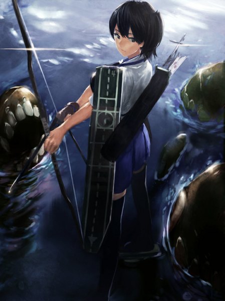 Anime picture 749x1000 with kantai collection kaga aircraft carrier bowcan tall image short hair black hair ponytail grey eyes side ponytail girl thighhighs skirt weapon black thighhighs water sea armor single glove blouse monster