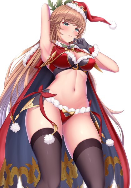 Anime picture 2800x4000 with granblue fantasy promethea (granblue fantasy) melopun single tall image looking at viewer blush fringe highres breasts light erotic simple background blonde hair standing white background blunt bangs very long hair aqua eyes arms up armpit (armpits)