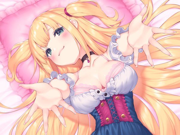 Anime picture 1400x1050 with original pokachu single long hair looking at viewer blush fringe breasts light erotic blonde hair large breasts payot cleavage upper body aqua eyes fingernails arms up two side up back :3