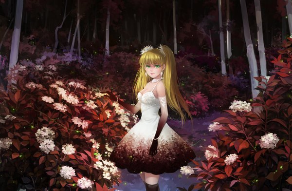 Anime picture 2000x1309 with original huazha01 single long hair looking at viewer highres blonde hair twintails bare shoulders green eyes girl thighhighs dress gloves flower (flowers) black thighhighs plant (plants) earrings tree (trees) elbow gloves